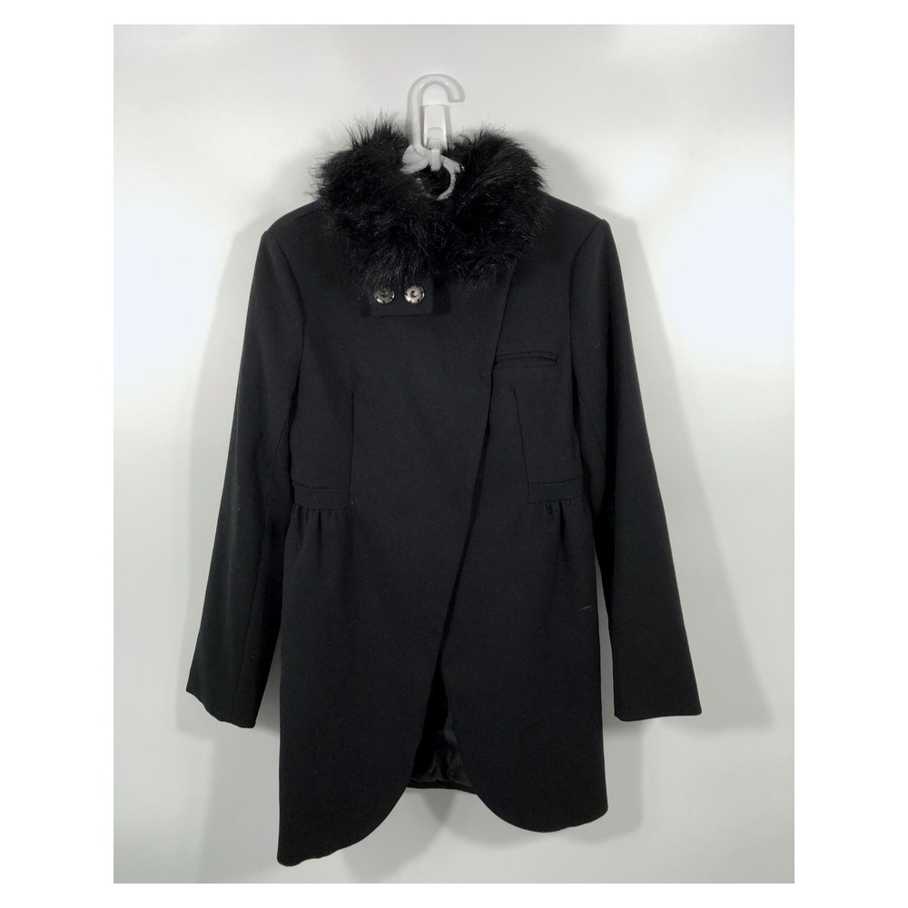 Bebe Faux Fur Trim Coat Womens M Black Chic Minimalist Capsule Wardrobe